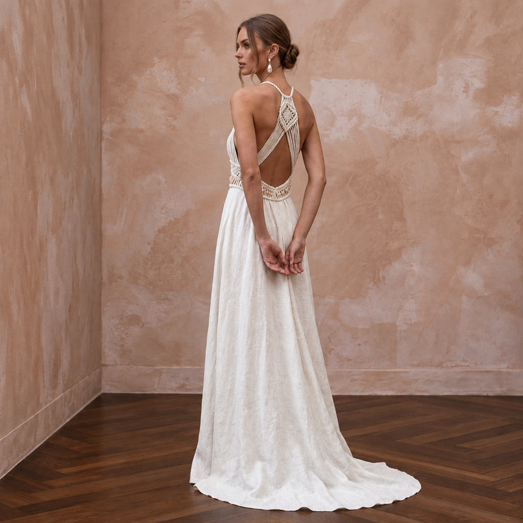 Sustainable Off-White Linen Blend Halter Neck Beach Wedding Gown