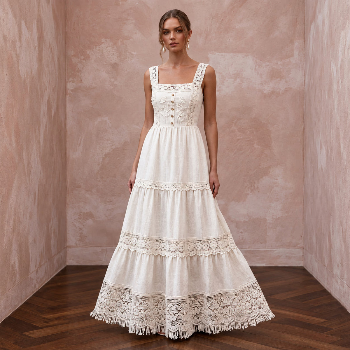 Sustainable Off - White Linen Square Neck Tiered Boho Bridal Dress - Apparel & Accessories > Clothing > Wedding & Bridal Party Dresses > Wedding Dresses - Mignonette Bridal