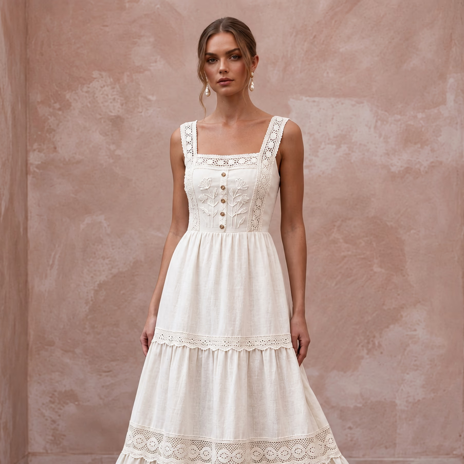 Sustainable Off - White Linen Square Neck Tiered Boho Bridal Dress - Apparel & Accessories > Clothing > Wedding & Bridal Party Dresses > Wedding Dresses - Mignonette Bridal