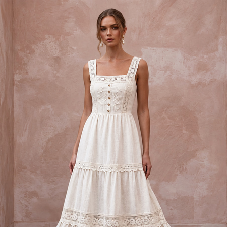 Sustainable Off - White Linen Square Neck Tiered Boho Bridal Dress - Apparel & Accessories > Clothing > Wedding & Bridal Party Dresses > Wedding Dresses - Mignonette Bridal