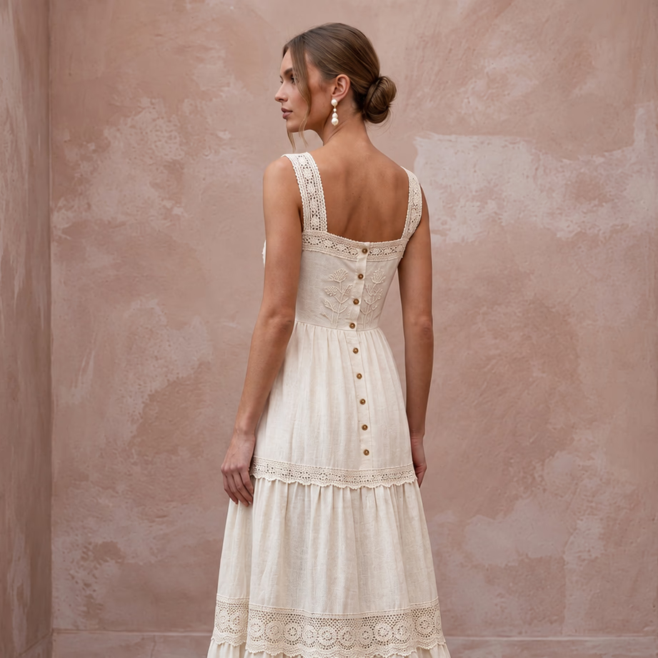 Sustainable Off - White Linen Square Neck Tiered Boho Bridal Dress - Apparel & Accessories > Clothing > Wedding & Bridal Party Dresses > Wedding Dresses - Mignonette Bridal