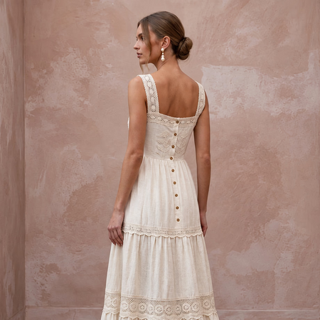 Sustainable Off - White Linen Square Neck Tiered Boho Bridal Dress - Apparel & Accessories > Clothing > Wedding & Bridal Party Dresses > Wedding Dresses - Mignonette Bridal
