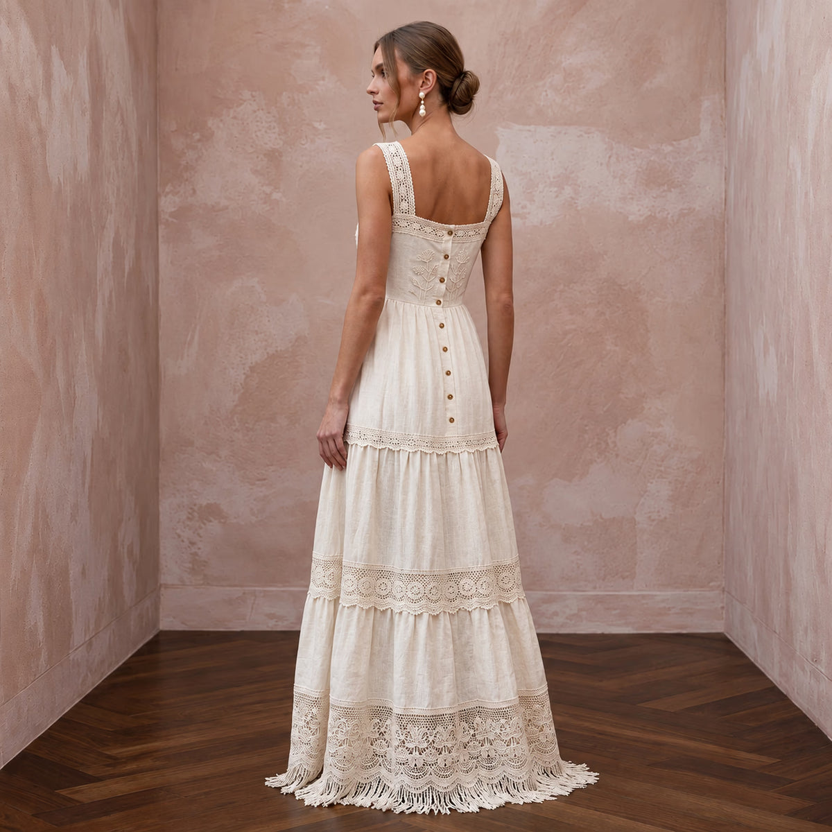 Sustainable Off - White Linen Square Neck Tiered Boho Bridal Dress - Apparel & Accessories > Clothing > Wedding & Bridal Party Dresses > Wedding Dresses - Mignonette Bridal