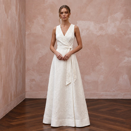 Sustainable Off-White Linen Wrap Wedding Dress for Summer Destination