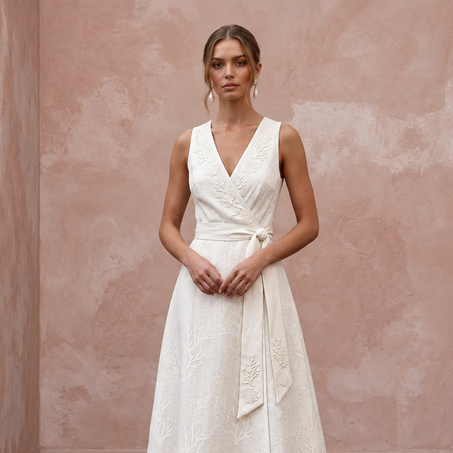 Sustainable Off-White Linen Wrap Wedding Dress for Summer Destination
