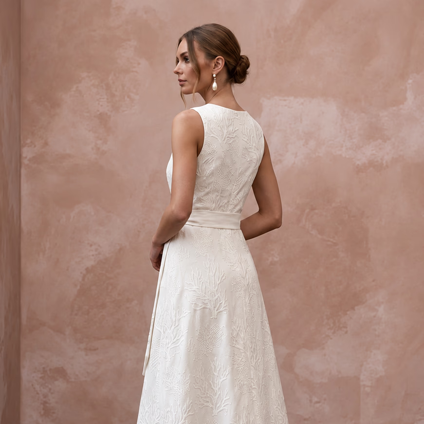 Sustainable Off-White Linen Wrap Wedding Dress for Summer Destination