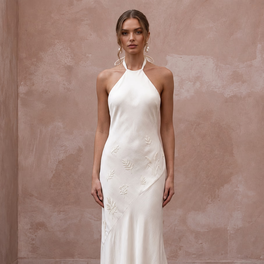 Sustainable Off-White Peace Silk Halter Neck Slip Dress for Eco-Friendly Wedding