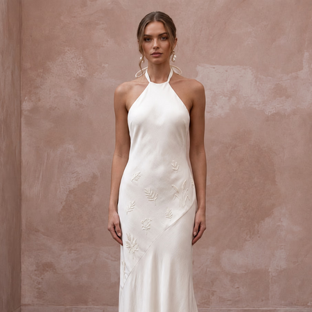 Sustainable Off-White Peace Silk Halter Neck Slip Dress for Eco-Friendly Wedding