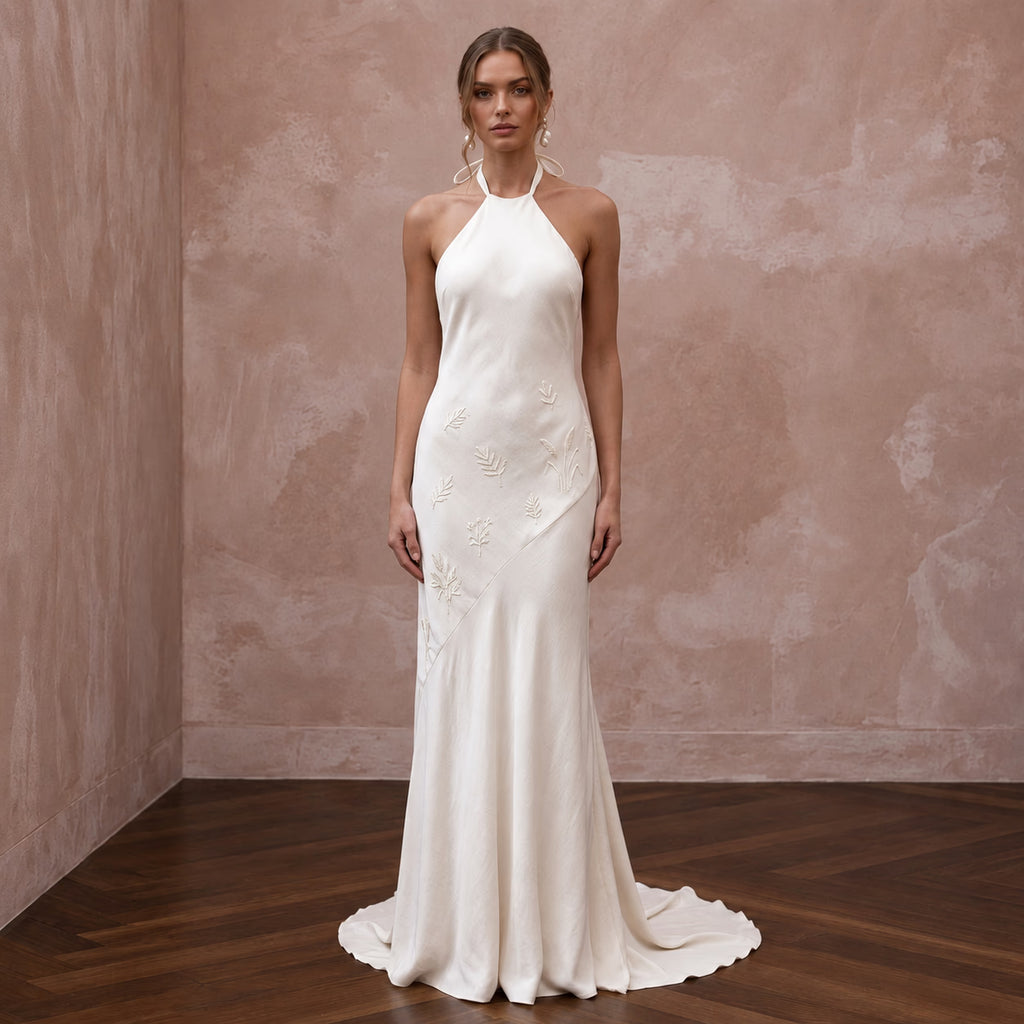 Sustainable Off-White Peace Silk Halter Neck Slip Dress for Eco-Friendly Wedding