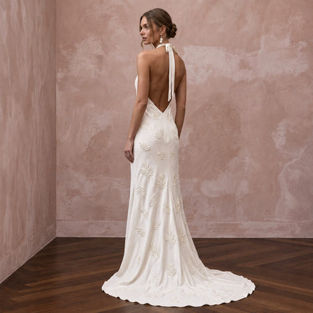 Sustainable Off-White Peace Silk Halter Neck Slip Dress for Eco-Friendly Wedding