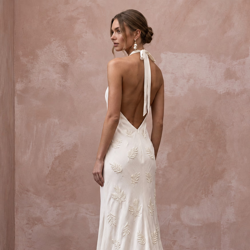 Sustainable Off-White Peace Silk Halter Neck Slip Dress for Eco-Friendly Wedding