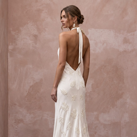 Sustainable Off-White Peace Silk Halter Neck Slip Dress for Eco-Friendly Wedding