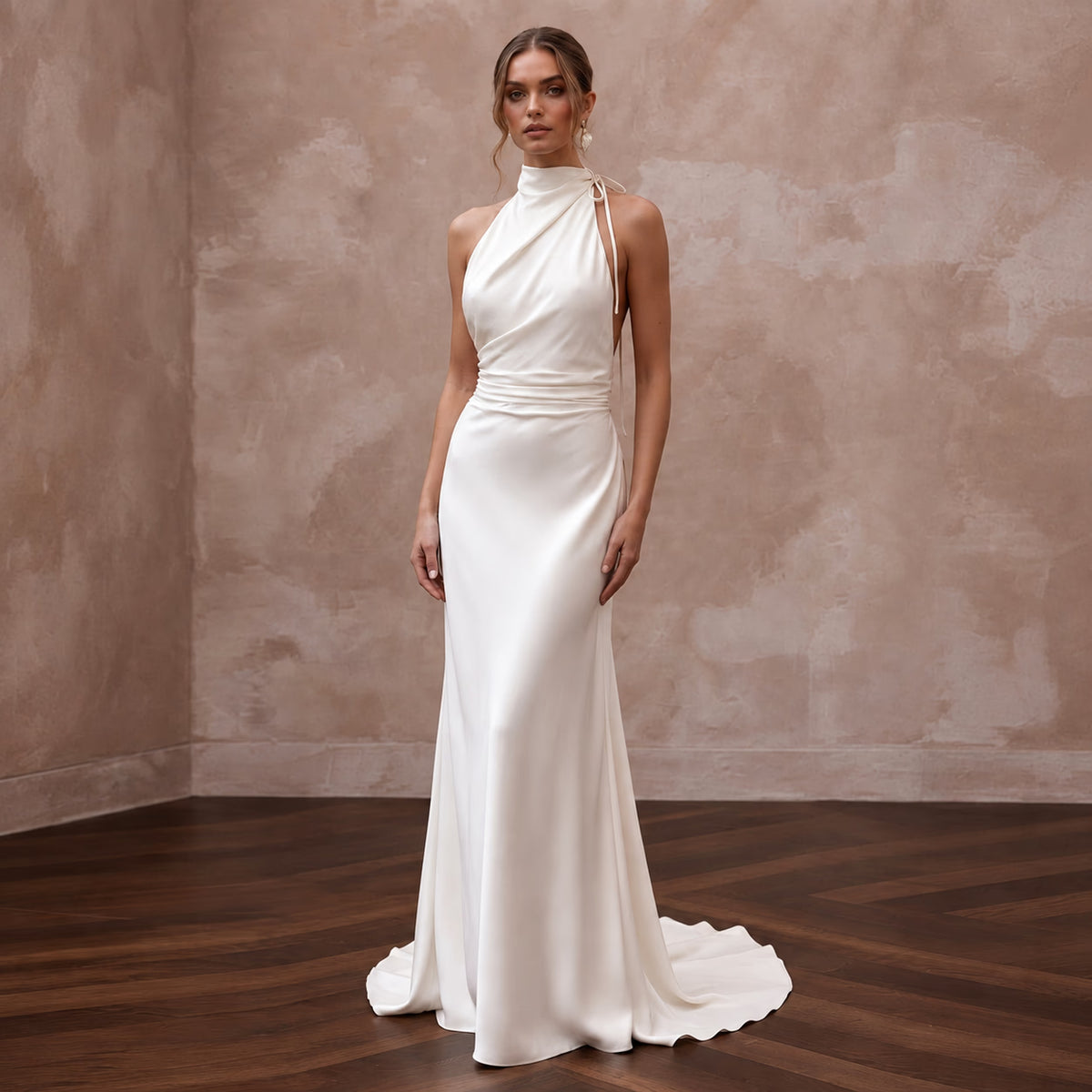 Sustainable Off-White Peace Silk Halter Tie Neck Eco-Friendly Gown Main image