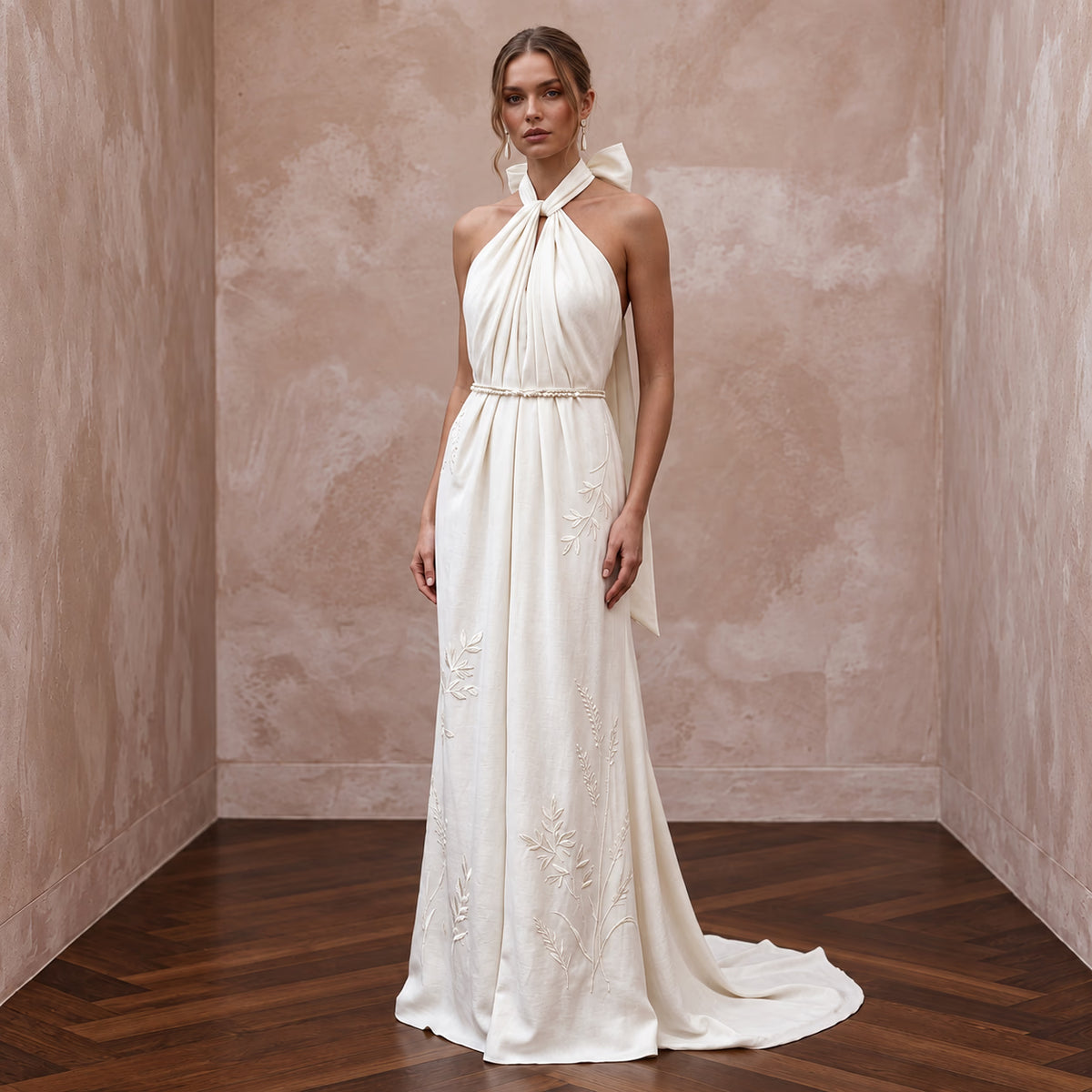 Sustainable Off-White Peace Silk Halter Tie Neck Eco-Friendly Gown Main image