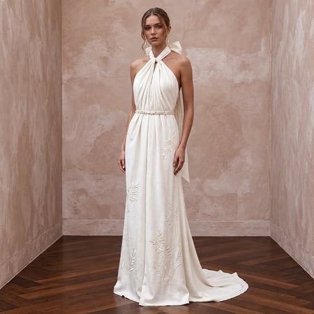 Sustainable Off-White Peace Silk Halter Tie Neck Eco-Friendly Gown