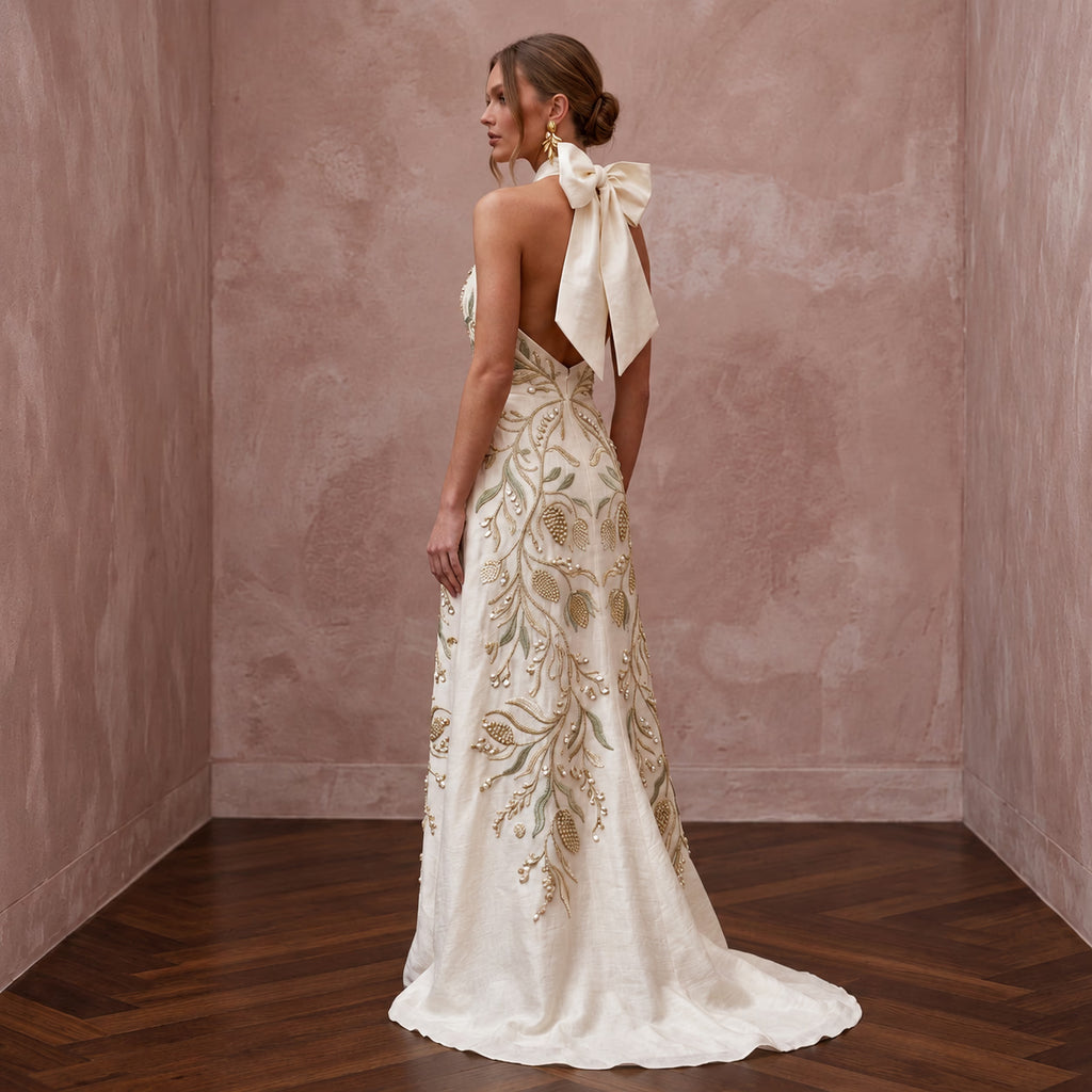 Sustainable Off-White Peace Silk Halter Tie Neck Eco-Friendly Gown
