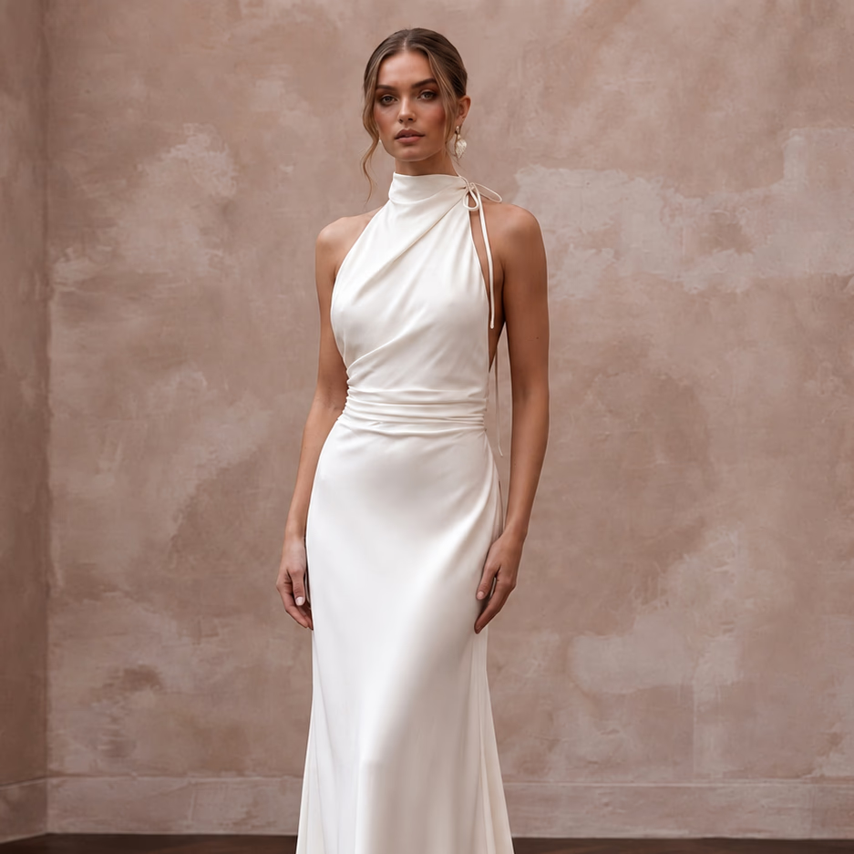 Sustainable Off-White Peace Silk Halter Tie Neck Eco-Friendly Gown