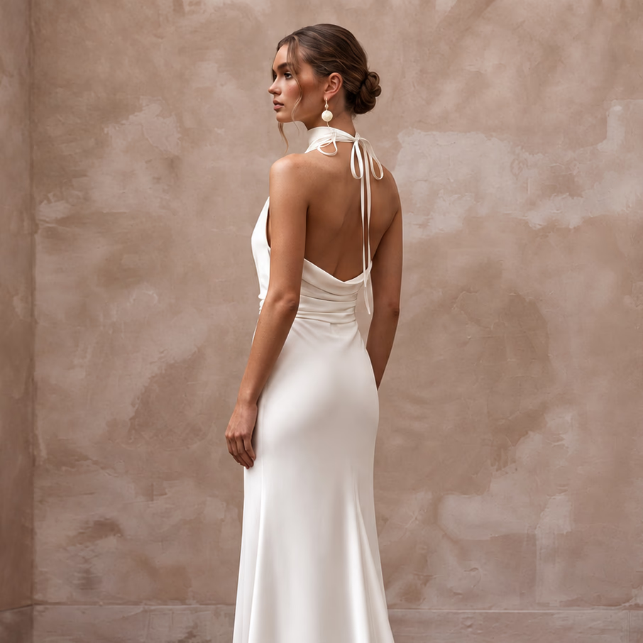 Sustainable Off-White Peace Silk Halter Tie Neck Eco-Friendly Gown