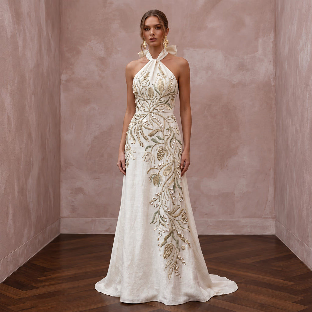 Sustainable Off-White Peace Silk Halter Tie Neck Eco-Friendly Gown