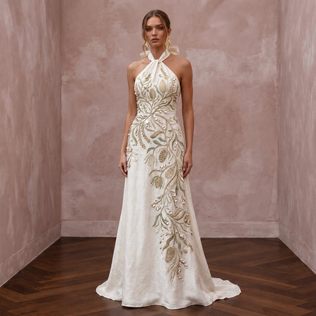 Sustainable Off-White Peace Silk Halter Tie Neck Eco-Friendly Gown