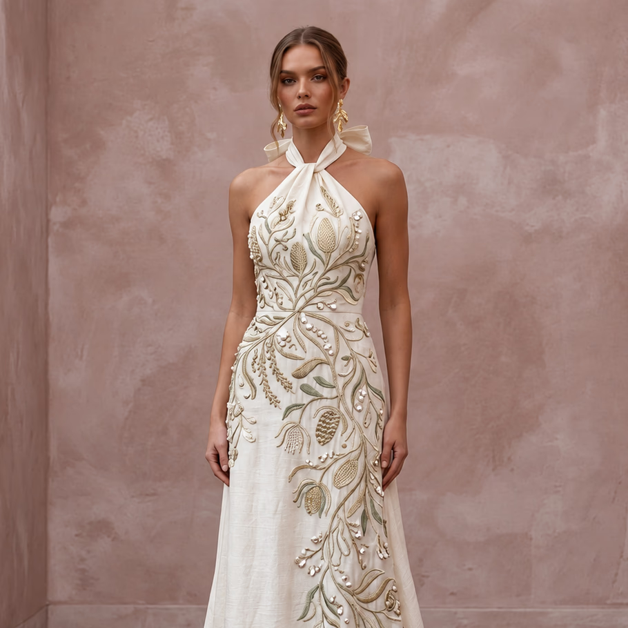 Sustainable Off-White Peace Silk Halter Tie Neck Eco-Friendly Gown