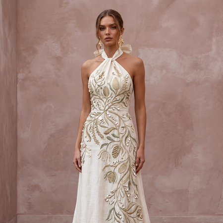 Sustainable Off-White Peace Silk Halter Tie Neck Eco-Friendly Gown