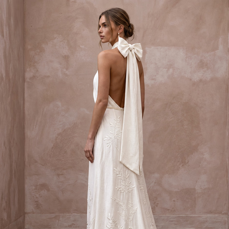 Sustainable Off-White Peace Silk Halter Tie Neck Eco-Friendly Gown