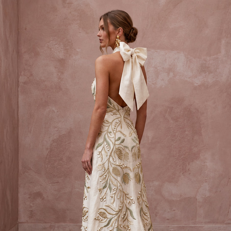 Sustainable Off-White Peace Silk Halter Tie Neck Eco-Friendly Gown