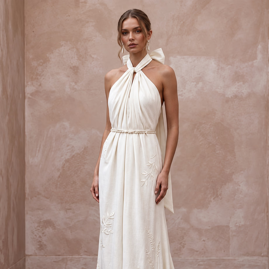 Sustainable Off-White Peace Silk Halter Tie Neck Eco-Friendly Gown