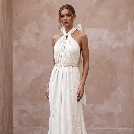 Sustainable Off-White Peace Silk Halter Tie Neck Eco-Friendly Gown