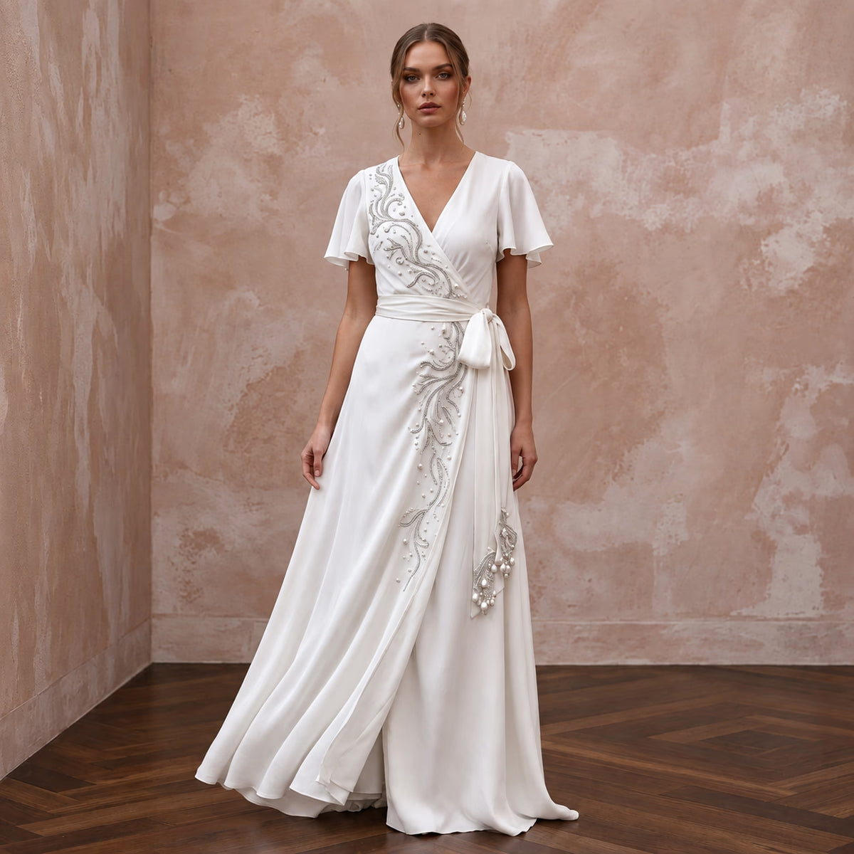 Sustainable Pearl White Peace Silk Wrap Wedding Dress for Beach Destination