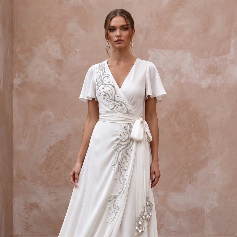 Sustainable Pearl White Peace Silk Wrap Wedding Dress for Beach Destination