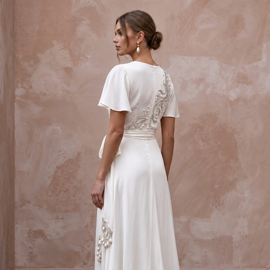 Sustainable Pearl White Peace Silk Wrap Wedding Dress for Beach Destination