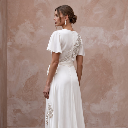 Sustainable Pearl White Peace Silk Wrap Wedding Dress for Beach Destination
