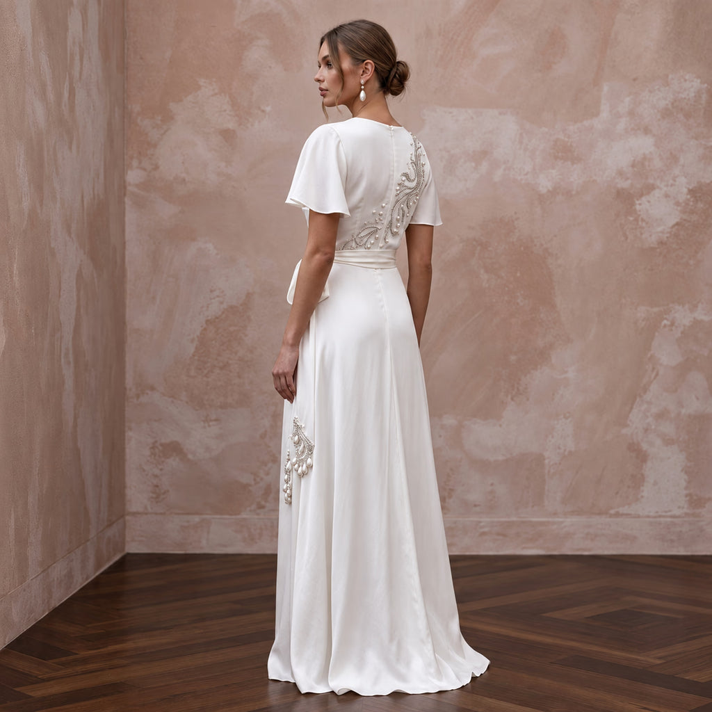 Sustainable Pearl White Peace Silk Wrap Wedding Dress for Beach Destination