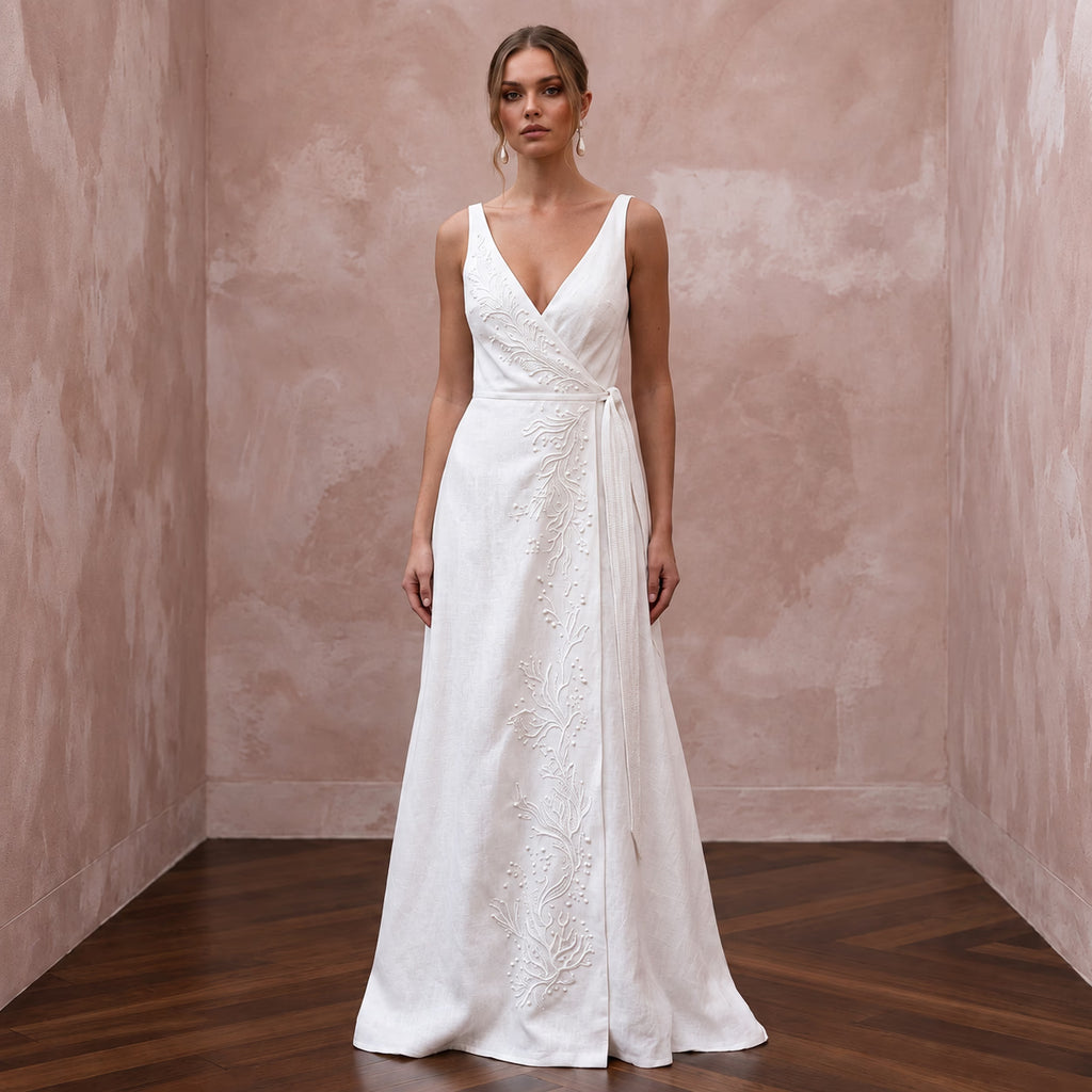 Sustainable Pure White Linen Wrap Dress for Coastal Vows