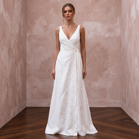 Sustainable Pure White Linen Wrap Dress for Coastal Vows