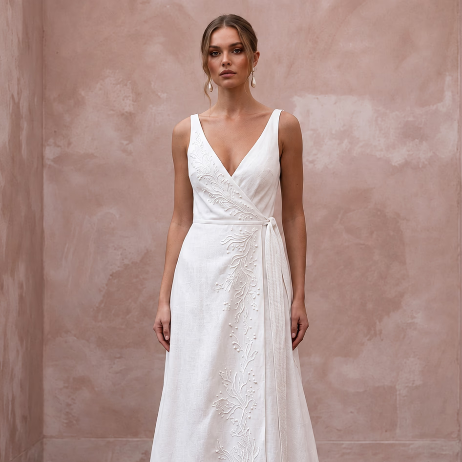 Sustainable Pure White Linen Wrap Dress for Coastal Vows