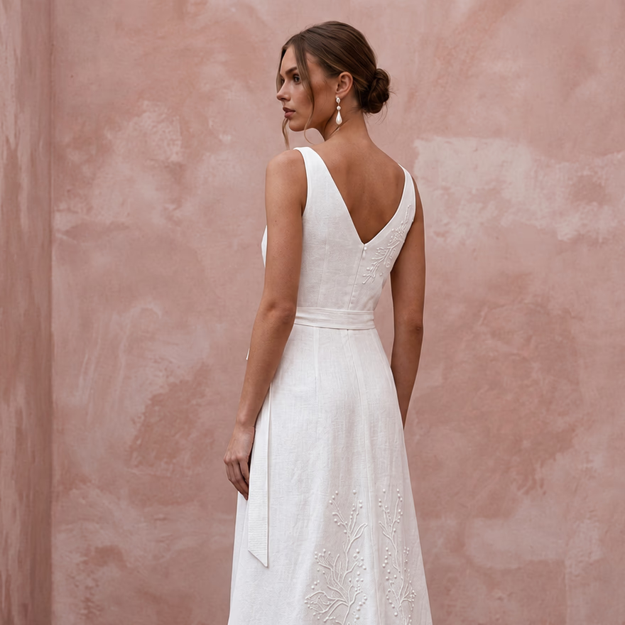 Sustainable Pure White Linen Wrap Dress for Coastal Vows