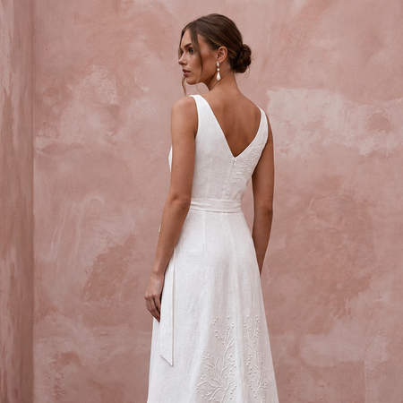 Sustainable Pure White Linen Wrap Dress for Coastal Vows