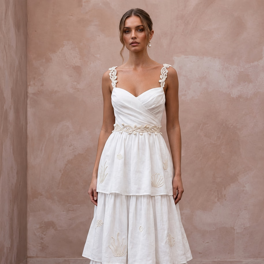 Sustainable White Linen Blend Tiered Skirt Boho Beach Bridal Gown - Apparel & Accessories > Clothing > Wedding & Bridal Party Dresses > Wedding Dresses - Mignonette Bridal
