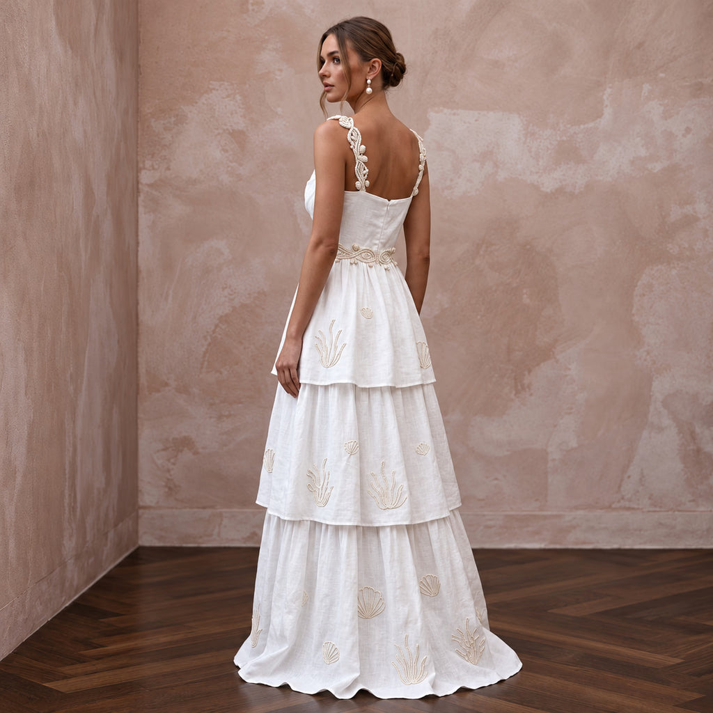 Sustainable White Linen Blend Tiered Skirt Boho Beach Bridal Gown - Apparel & Accessories > Clothing > Wedding & Bridal Party Dresses > Wedding Dresses - Mignonette Bridal