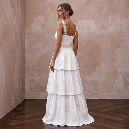 Sustainable White Linen Blend Tiered Skirt Boho Beach Bridal Gown - Apparel & Accessories > Clothing > Wedding & Bridal Party Dresses > Wedding Dresses - Mignonette Bridal