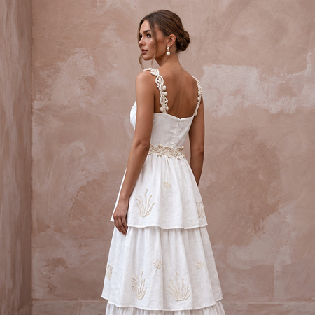 Sustainable White Linen Blend Tiered Skirt Boho Beach Bridal Gown - Apparel & Accessories > Clothing > Wedding & Bridal Party Dresses > Wedding Dresses - Mignonette Bridal