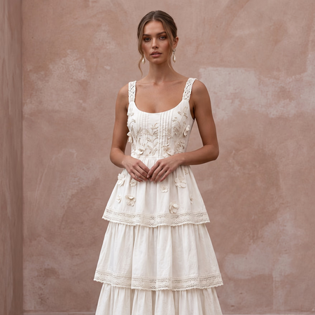 Sustainable White Organic Cotton Tiered Dress for Backyard Vow Renewal