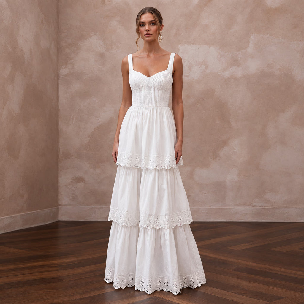 Sustainable White Organic Cotton Tiered Dress for Backyard Vow Renewal