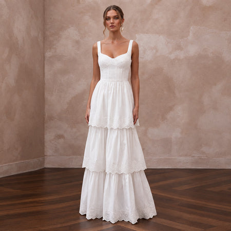 Sustainable White Organic Cotton Tiered Dress for Backyard Vow Renewal