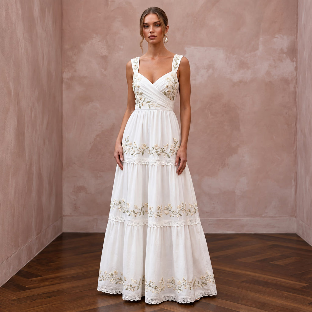 Sustainable White Organic Cotton Tiered Dress for Backyard Vow Renewal