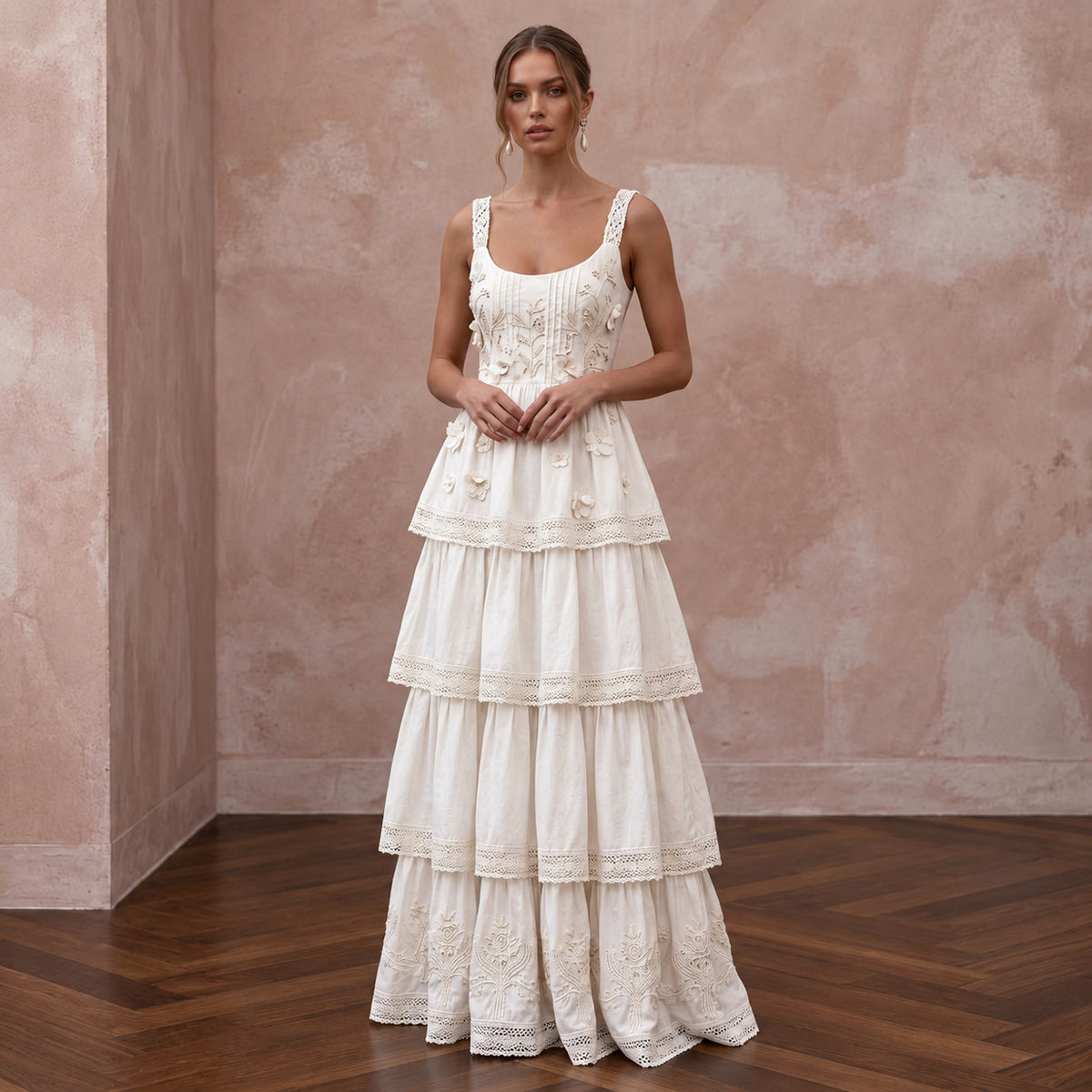 Sustainable White Organic Cotton Tiered Dress for Backyard Vow Renewal