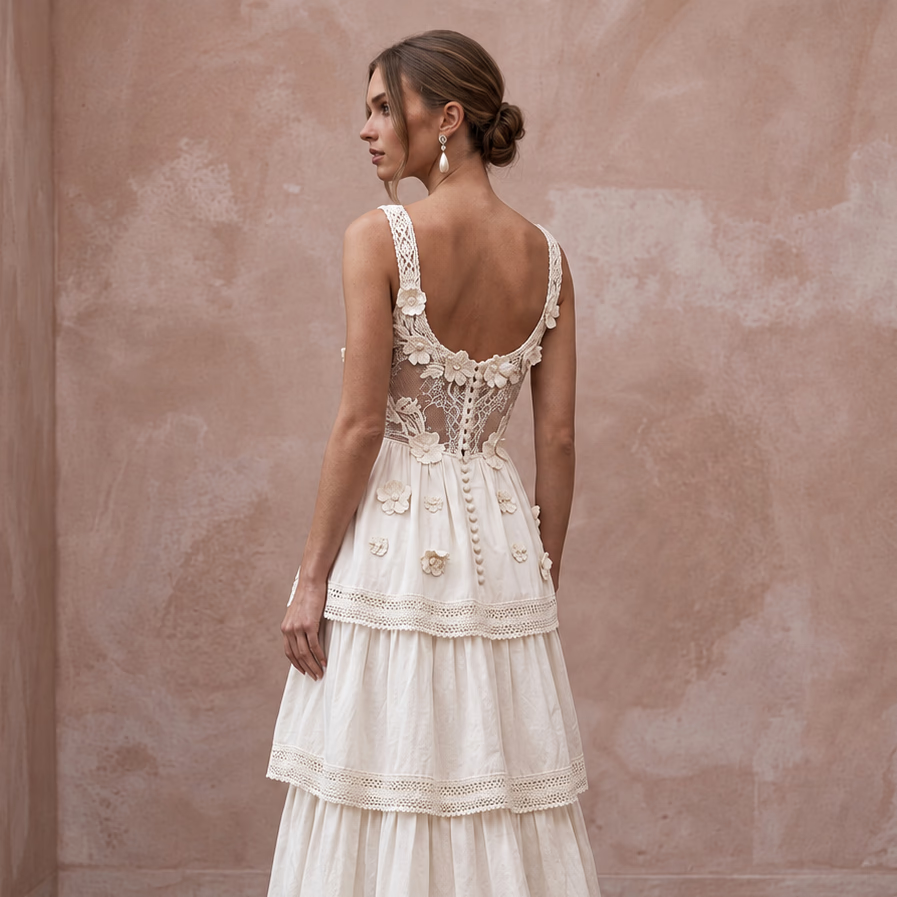 Sustainable White Organic Cotton Tiered Dress for Backyard Vow Renewal